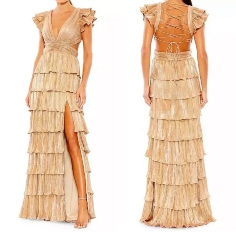 Mac Duggal 26740 Gold Ruffle Tiered Corset Back Lace Up Gown Maxi Dress Size 12 - Picture 3 of 8